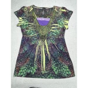 Covington XL Boho Peacock Feather Graphic Top Embellished Y2K Festival Blouse
